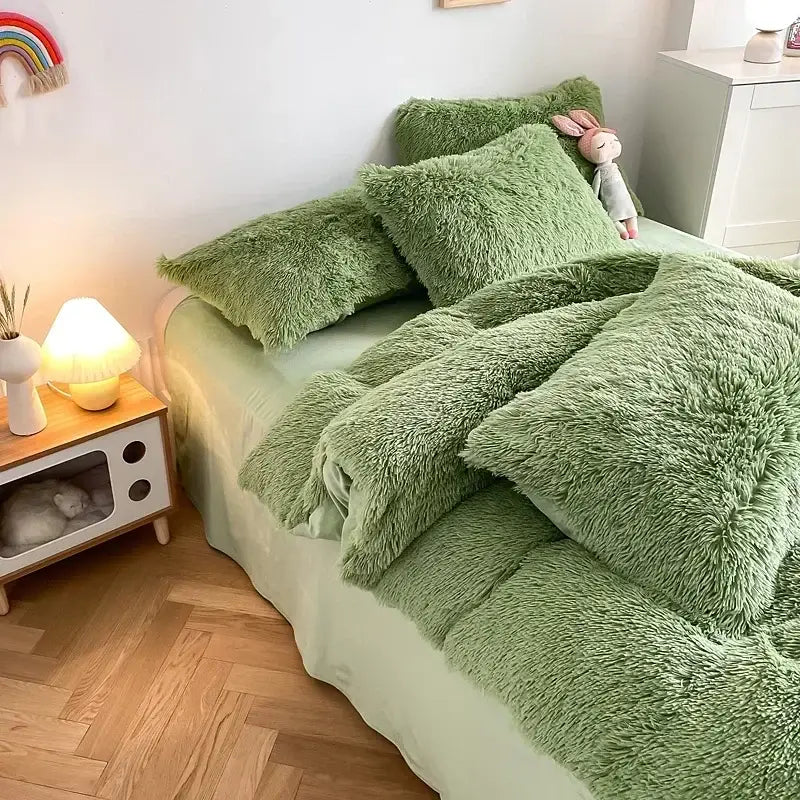 Mint green fluffy faux fur bedding set with heart pillow bedroom
