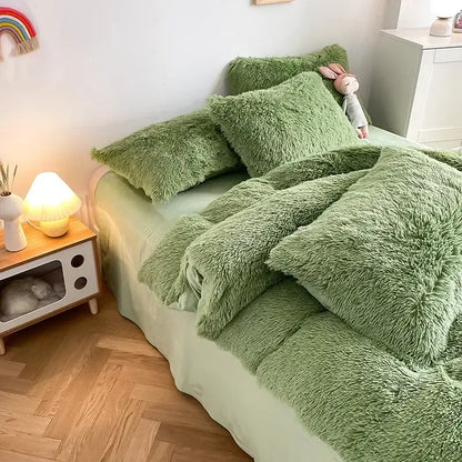 Mint green fluffy faux fur bedding set with heart pillow bedroom