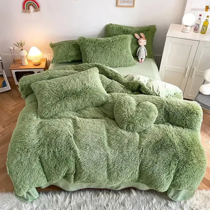 Mint green fluffy faux fur bedding set with heart pillow bedroom