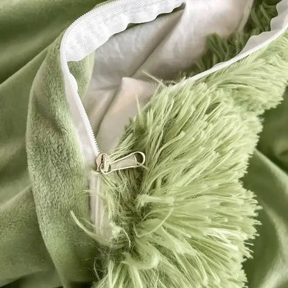 Mint green fluffy faux fur bedding set with heart pillow bedroom