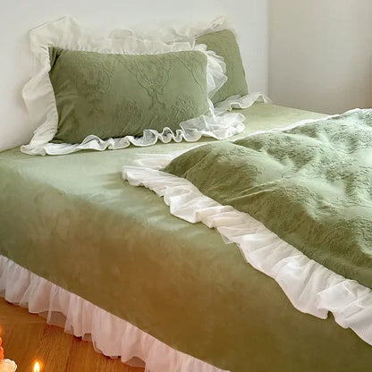 Mint green french carved velvet bedding set bedroom ruffled lace