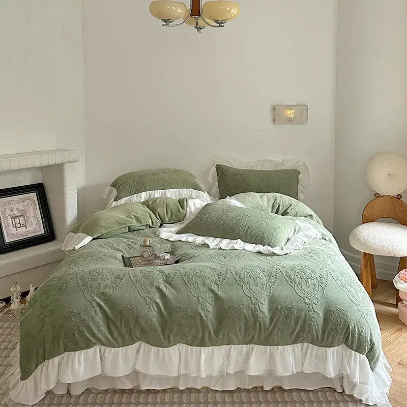 Mint green french carved velvet bedding set bedroom ruffled lace