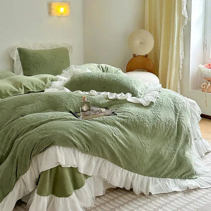 Mint green french carved velvet bedding set bedroom ruffled lace