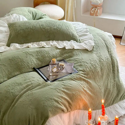 Mint green french carved velvet bedding set bedroom ruffled lace