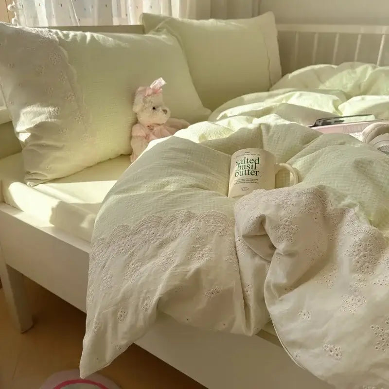 Mint green french lace washed cotton bedding sets bedroom