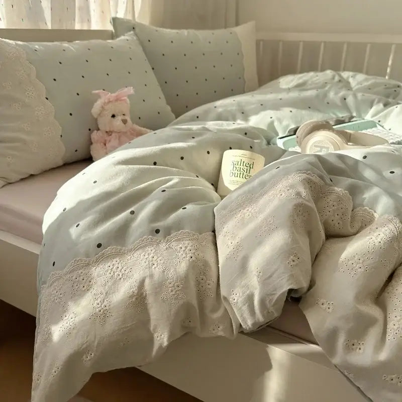 Mint green french lace washed cotton bedding sets bedroom