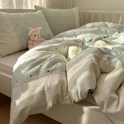 Mint green french lace washed cotton bedding sets bedroom