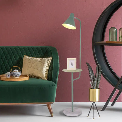 Mint green funnel shaped floor lamp with marble base for living room