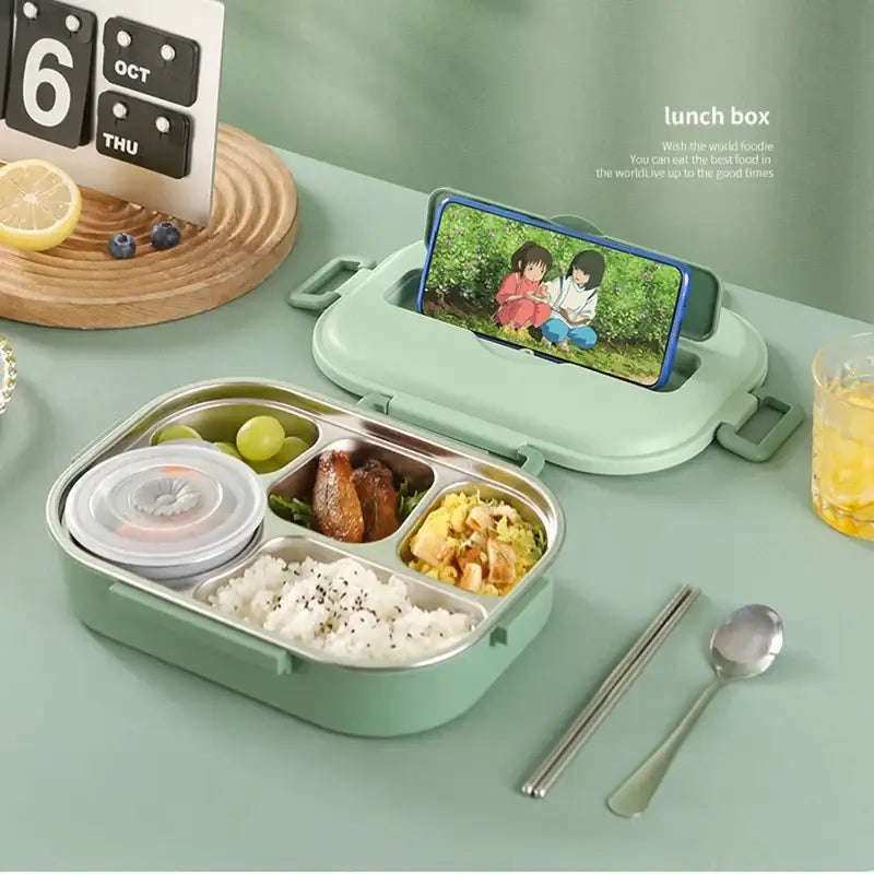 Mint green insulated bento lunch box with cutlery kitchen set