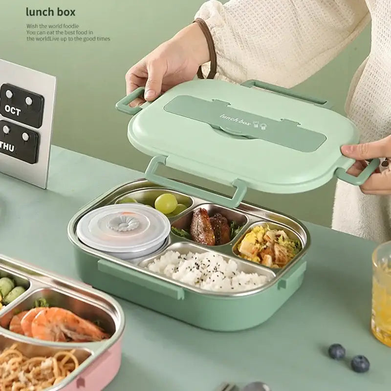 Mint green insulated bento lunch box with cutlery kitchen set