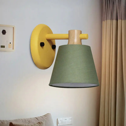 Mint green nordic bucket wall lamp for bedroom with wood accent