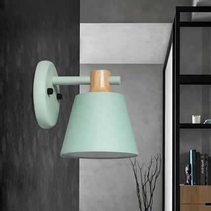 Mint green nordic bucket wall lamp for bedroom with wood accent