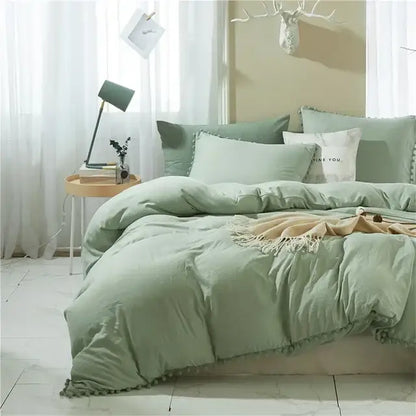 Mint green quilted duvet cover set bedroom pom pom trim