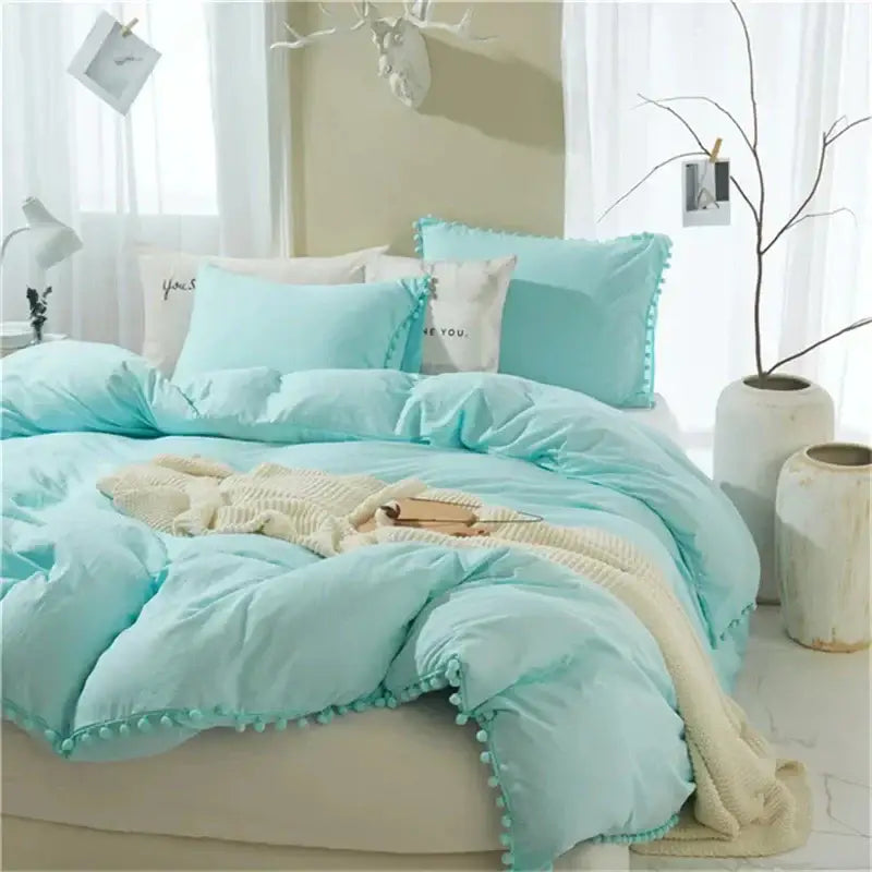 Mint green quilted duvet cover set bedroom pom pom trim