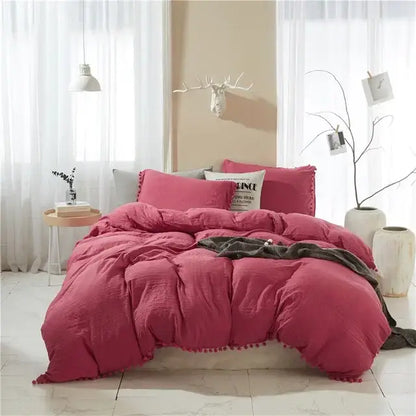 Mint green quilted duvet cover set bedroom pom pom trim