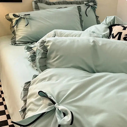 Mint green ruffled cotton embroidery bedding set for bedroom