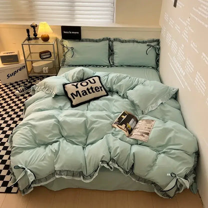 Mint green ruffled cotton embroidery bedding set for bedroom
