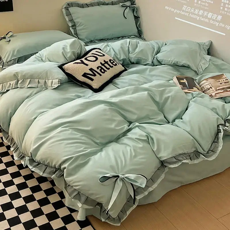 Mint green ruffled cotton embroidery bedding set for bedroom
