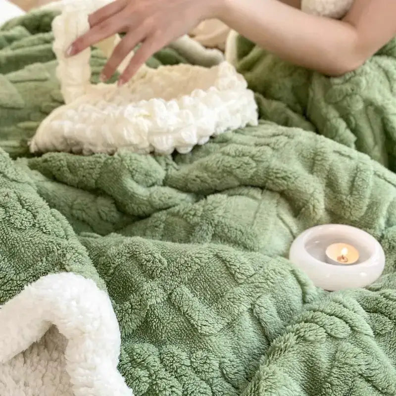 Mint green & white coral fleece blanket bedroom textured warm shawl
