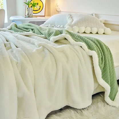 Mint & white cozy faux rabbit fur blanket bedroom throw