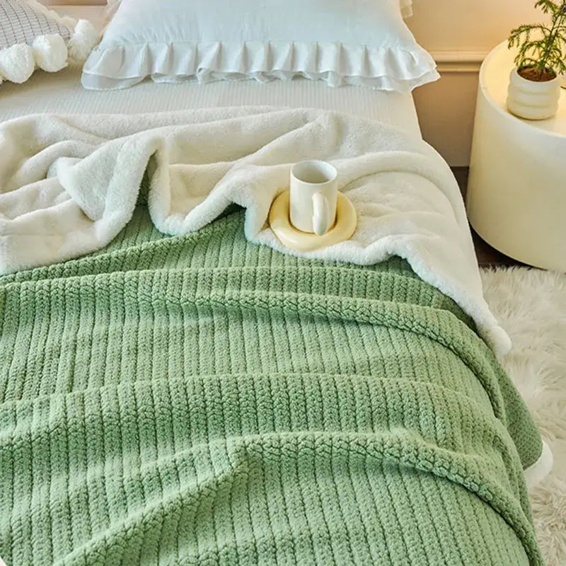 Mint & white cozy faux rabbit fur blanket bedroom throw