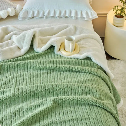 Mint & white cozy faux rabbit fur blanket bedroom throw