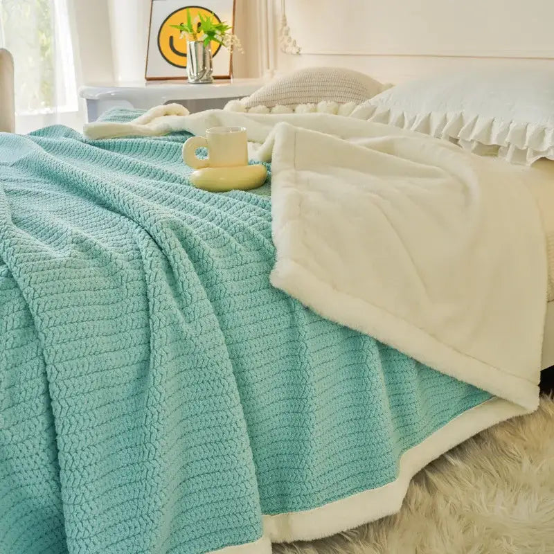 Mint & white cozy faux rabbit fur blanket bedroom throw