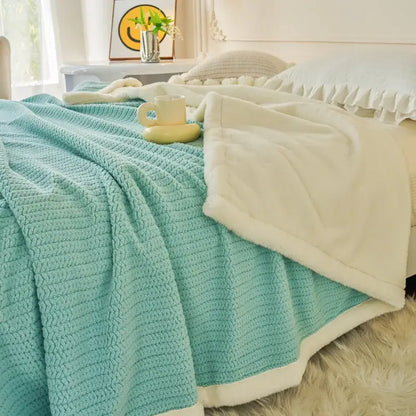Mint & white cozy faux rabbit fur blanket bedroom throw