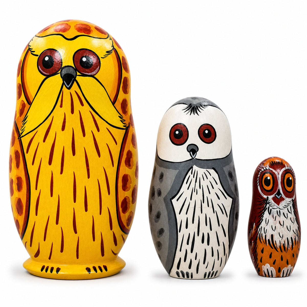 Set of 3 Owls Wooden Nesting Figurines 4.25 Inches