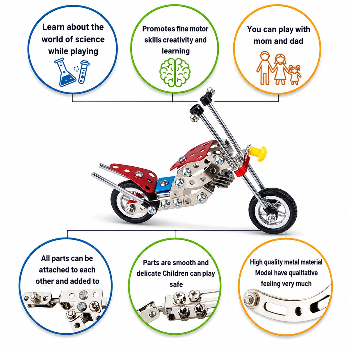 Metal Motorcycle Model Kit Buildable Chopper Toy with Bolts & Tools DIY  (105 Pieces) 7.5 Inches