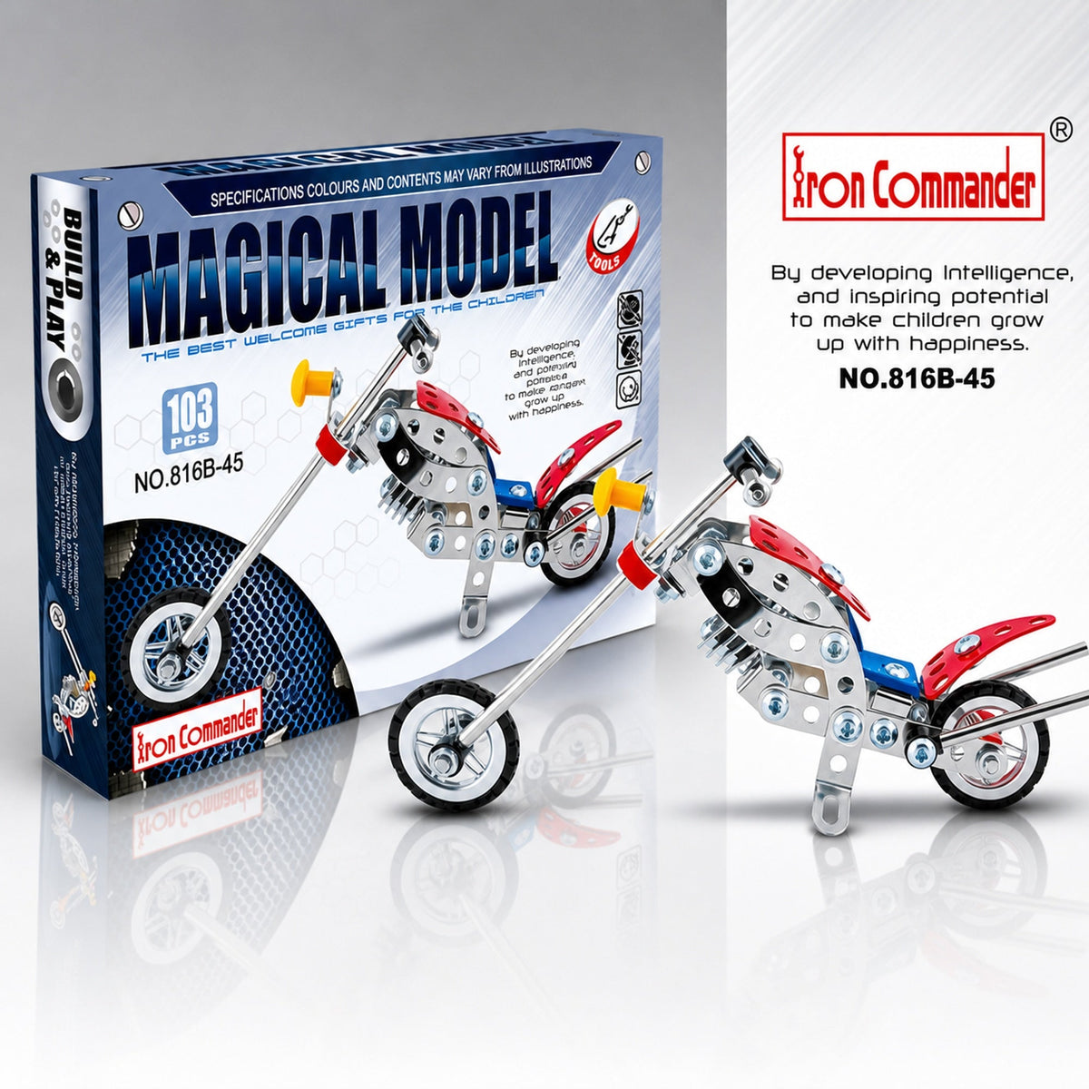 Metal Motorcycle Model Kit Buildable Chopper Toy with Bolts & Tools DIY  (105 Pieces) 7.5 Inches