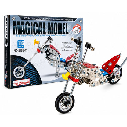 Metal Motorcycle Model Kit Buildable Chopper Toy with Bolts & Tools DIY  (105 Pieces) 7.5 Inches