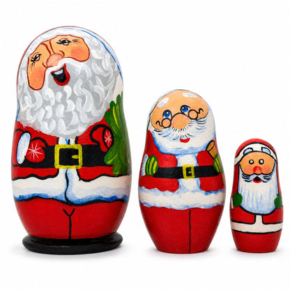 Set of 3 Smiling Santa Figurines Wooden Nesting Dolls 4.25 Inches