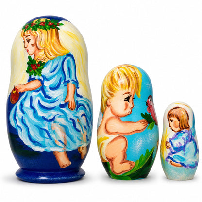 Set of 3 Baby Angels Wooden Nesting Dolls 4.25 Inches