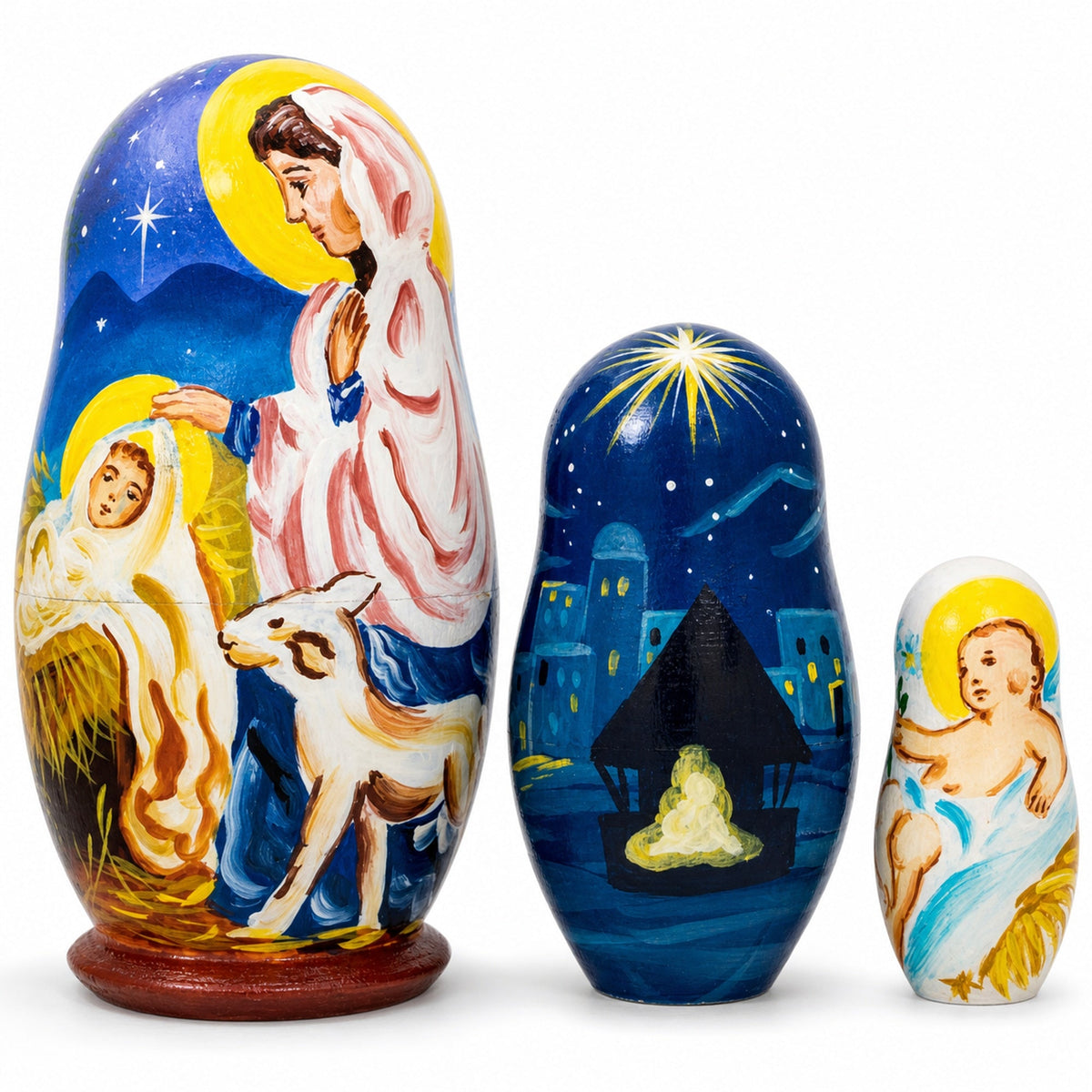 Set of 3 Nativity Scene Set Ukrainian Wooden Nesting Dolls 4.25 Inches