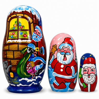 Set of 3 Santa's Delivering Gifts Wooden Nesting Dolls 4.25 Inches