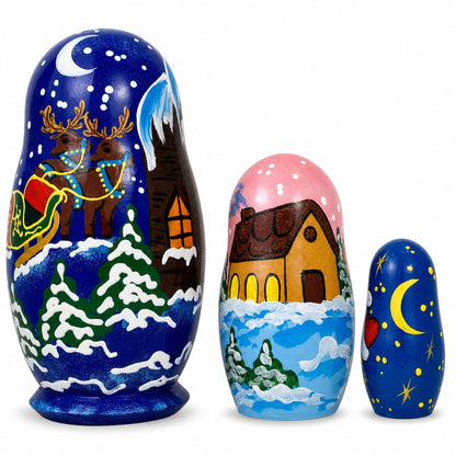 Set of 3 Santa's Delivering Gifts Wooden Nesting Dolls 4.25 Inches