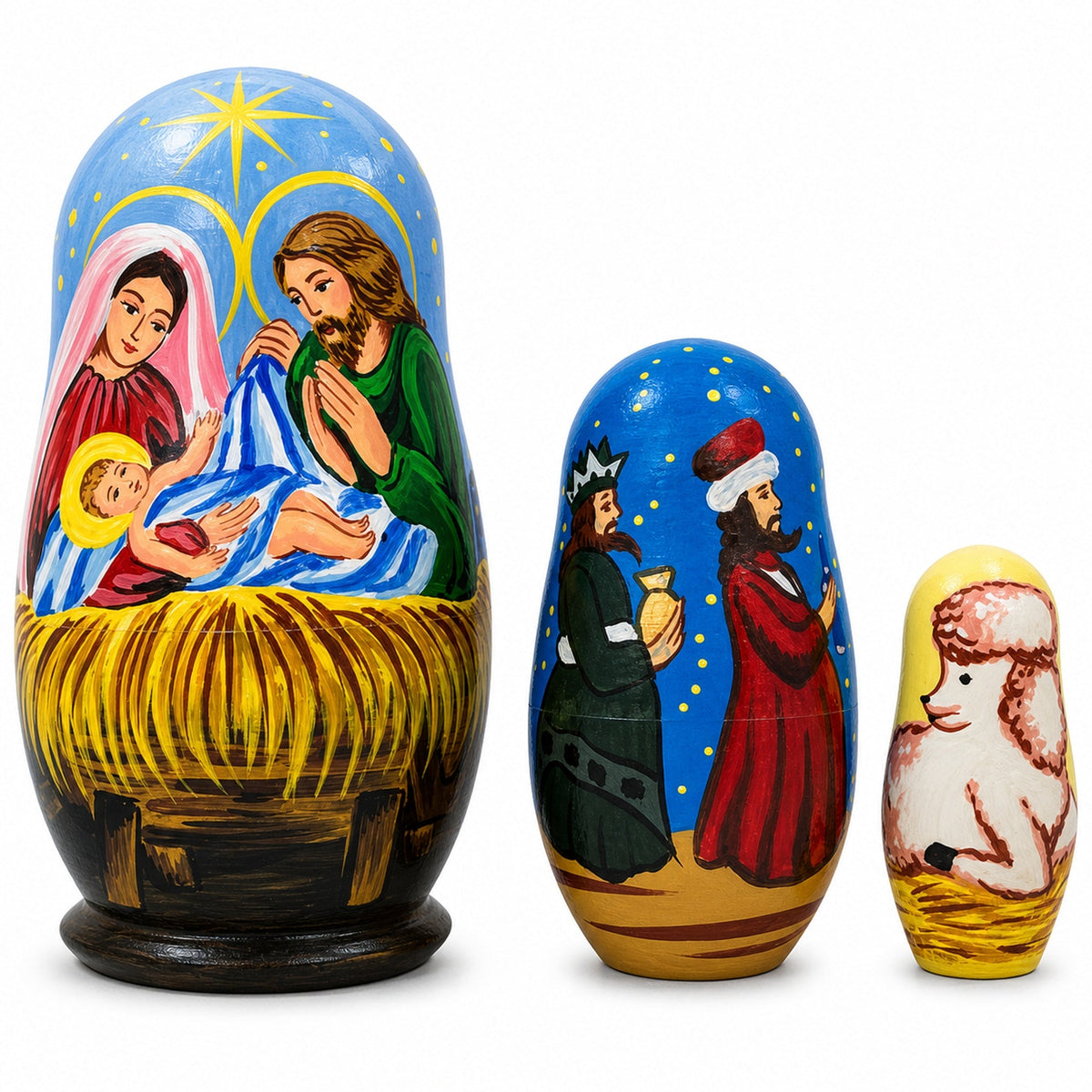 Set of 3 Nativity Scene- Jesus, Mary, Wisemen Nesting Figurines 4.25 Inches
