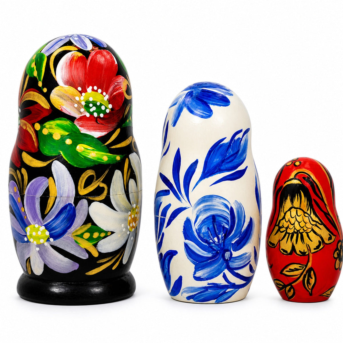 Set of 3 Khokhloma Flowers Wooden Nesting Dolls 4.25 Inches