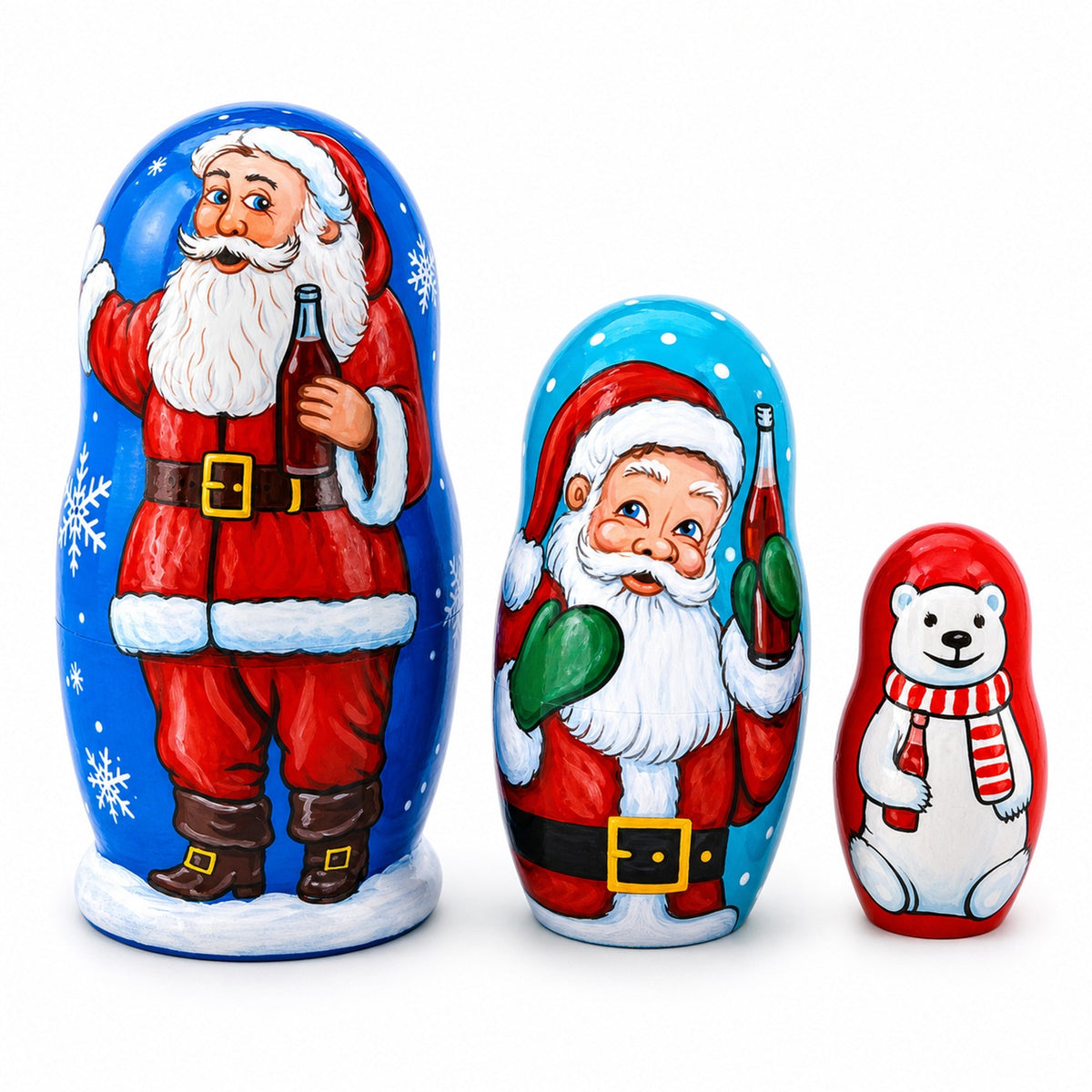 3 Santa and Polar Bear Wooden Nesting Dolls 4.25 Inches