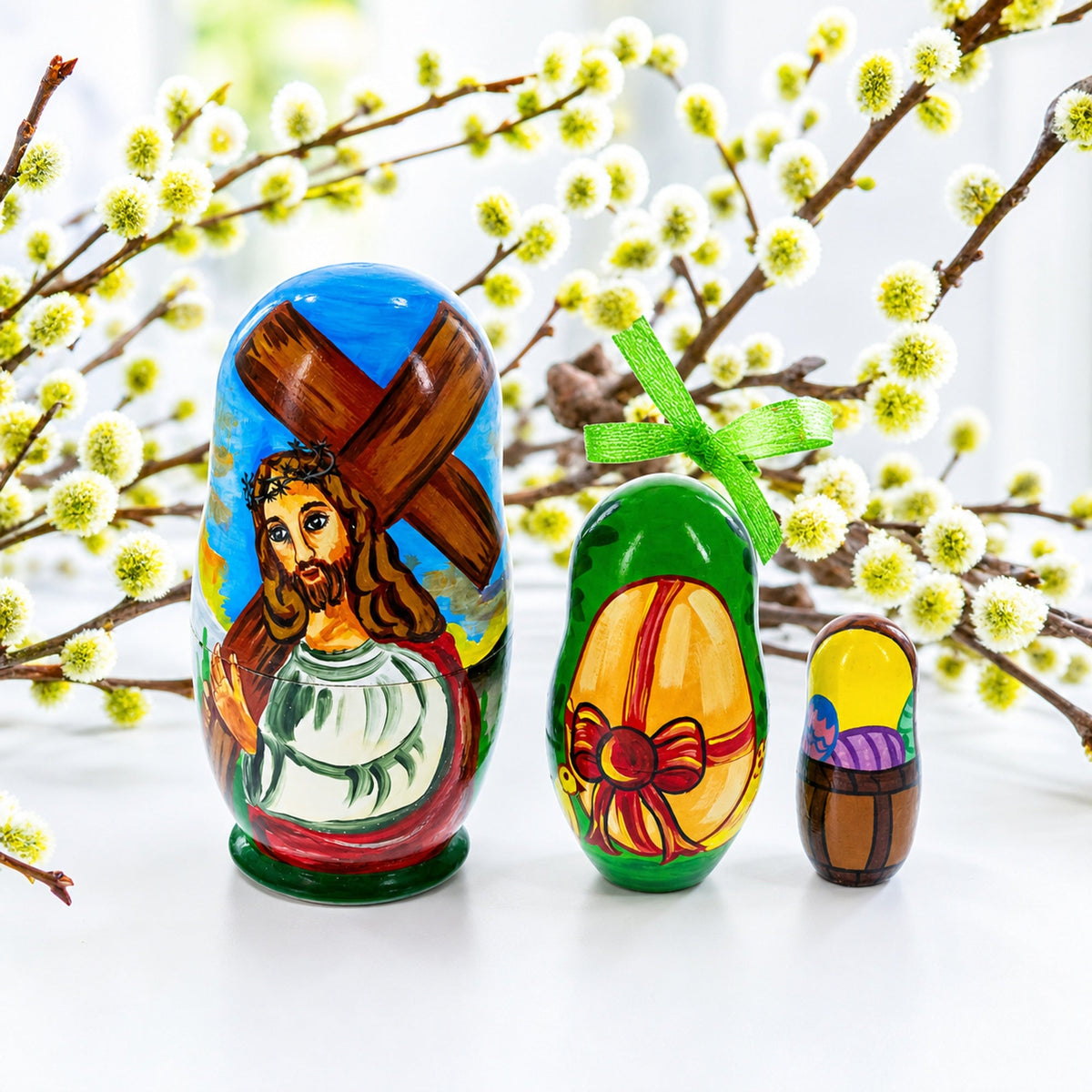 Set of 3 Jesus with Cross, Easter Eggs Wooden Nesting Dolls 4.25 Inches