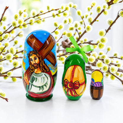 Set of 3 Jesus with Cross, Easter Eggs Wooden Nesting Dolls 4.25 Inches