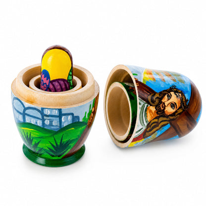 Set of 3 Jesus with Cross, Easter Eggs Wooden Nesting Dolls 4.25 Inches