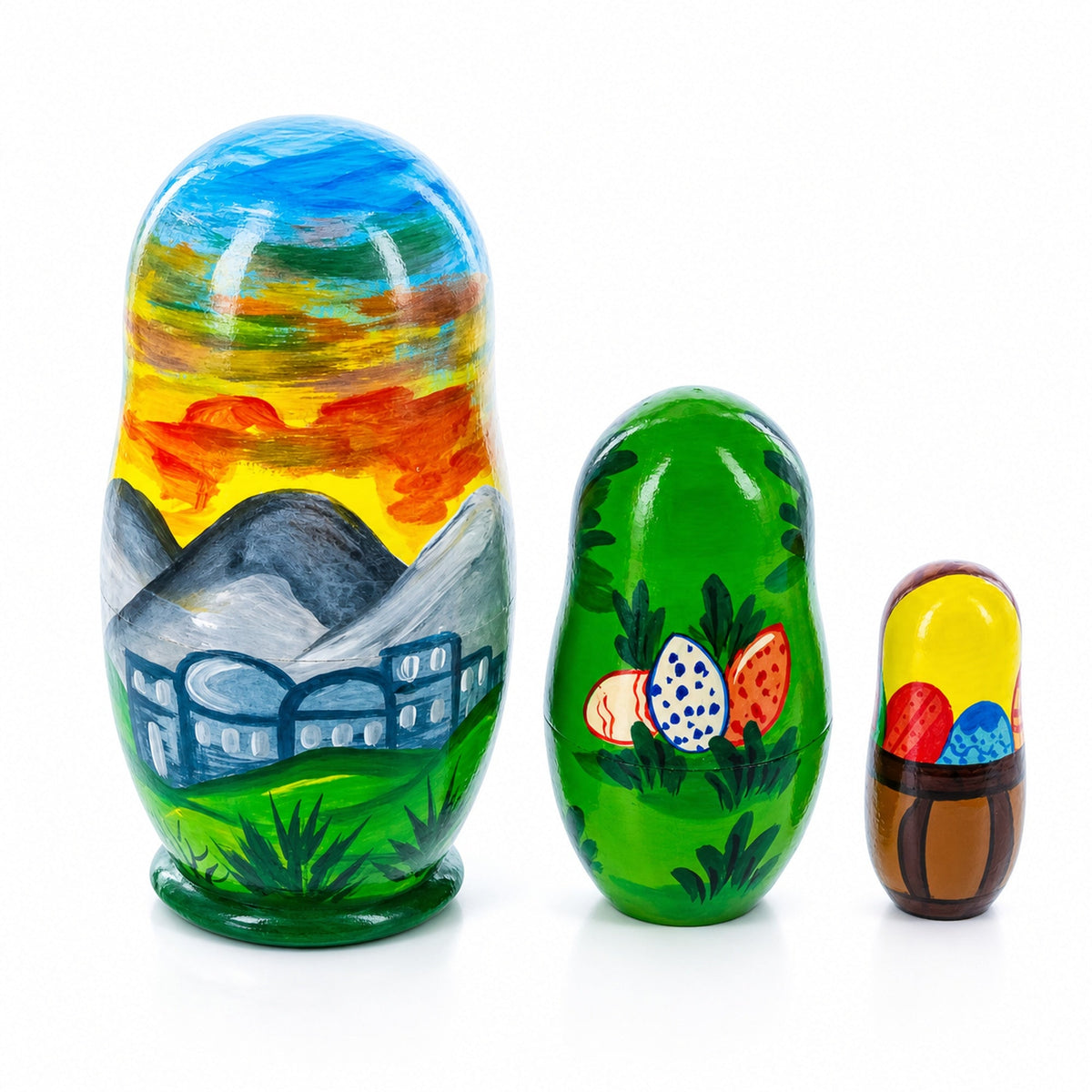 Set of 3 Jesus with Cross, Easter Eggs Wooden Nesting Dolls 4.25 Inches
