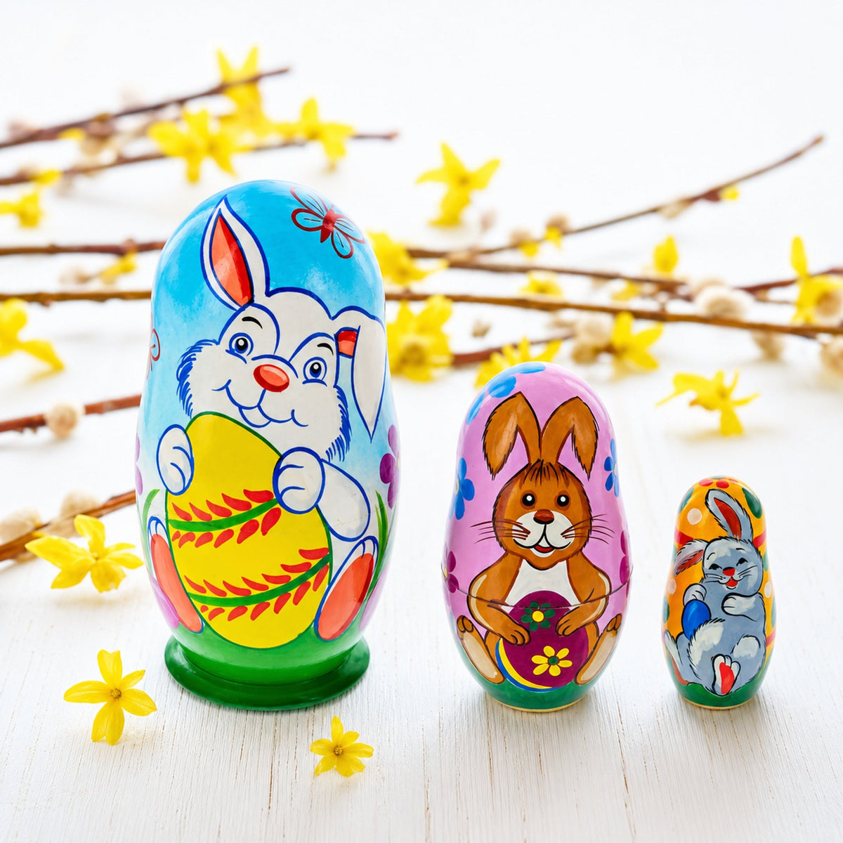 Set of 3 Bunnies and Easter Eggs Wooden Nesting Dolls 4.25 Inches