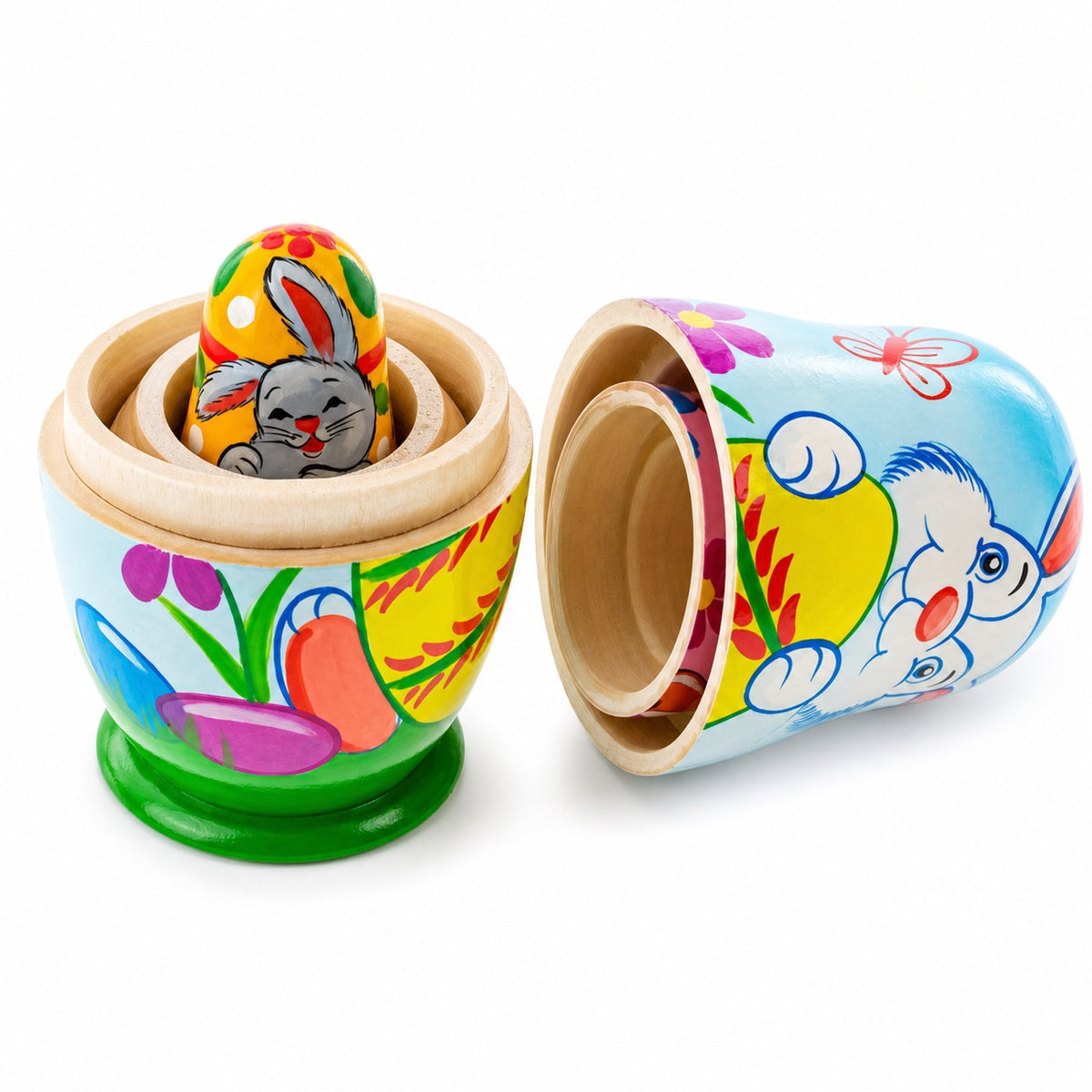 Set of 3 Bunnies and Easter Eggs Wooden Nesting Dolls 4.25 Inches