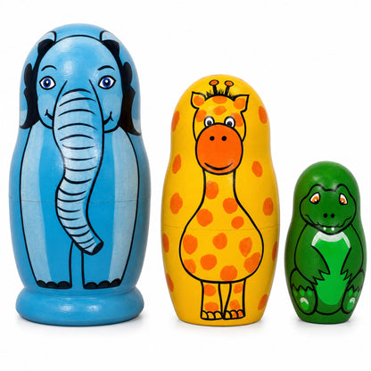 Set of 3 Elephant, Giraffe, and Alligator Wooden Nesting Dolls 4.25 Inches