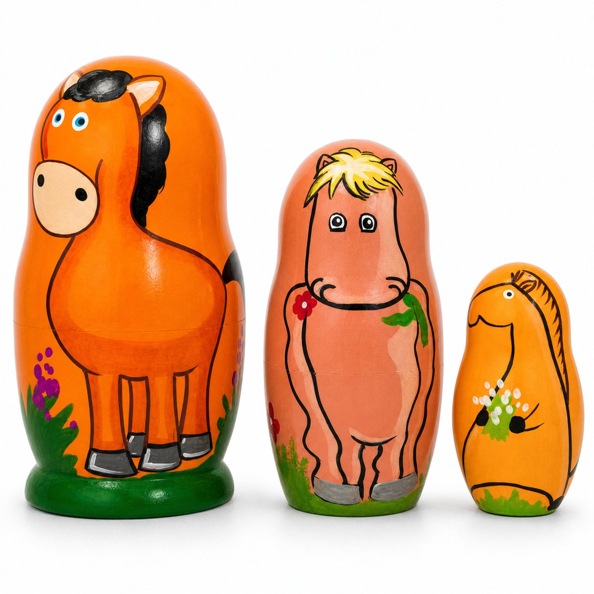 Set of 3 Horses with Flowers Wooden Nesting Dolls 4.25 Inches