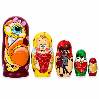 Set of 5 St. Valentine's Day Cupid Love Wooden Nesting Dolls 6 Inches