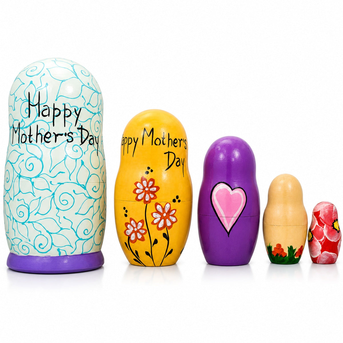 Set of 5 Happy Mother's Day Wooden Animal Nesting Dolls 6 Inches